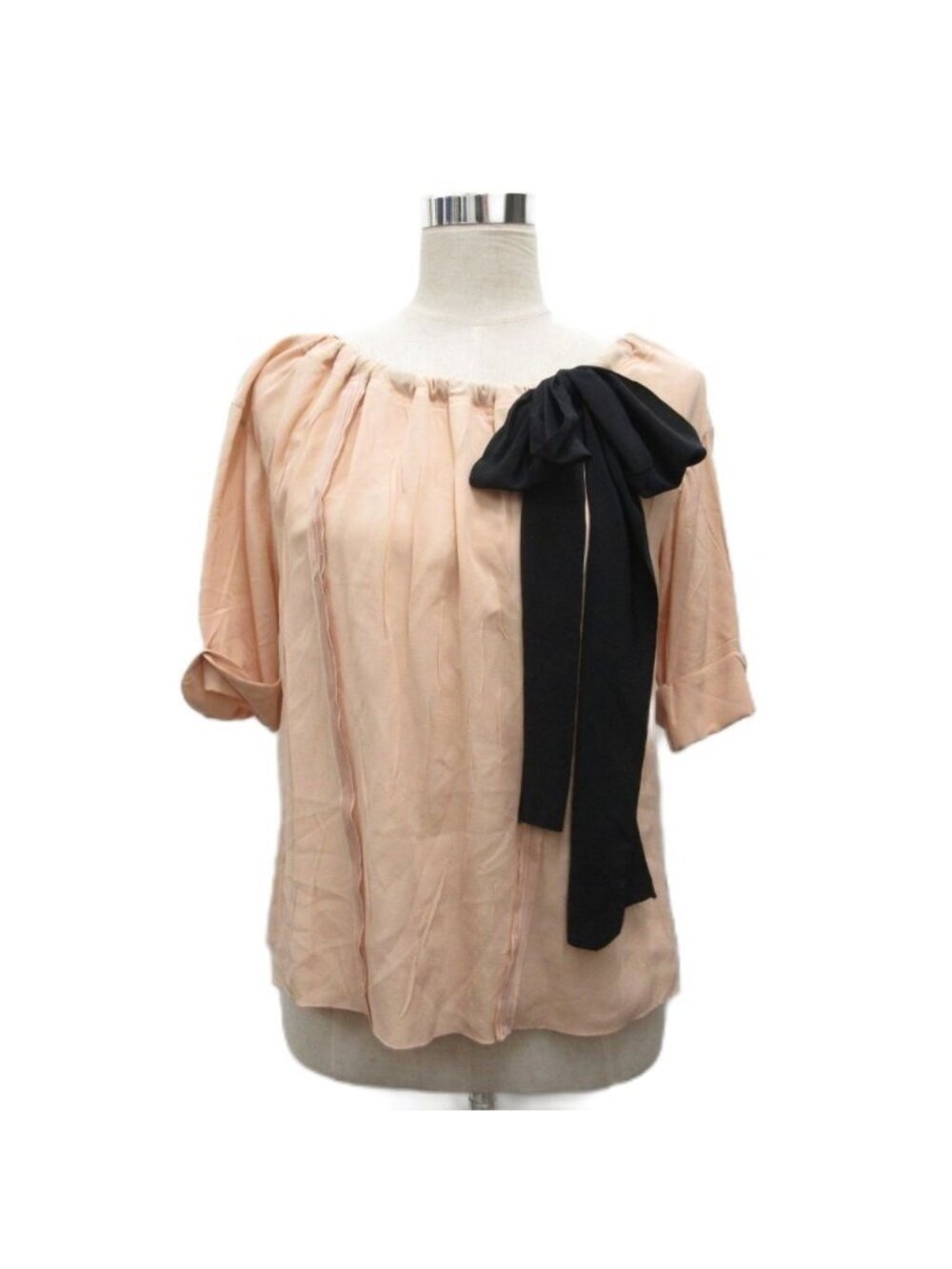 Prada Silk Blouse Short Sleeve Ribbon Motif 100% 40 Beige Black